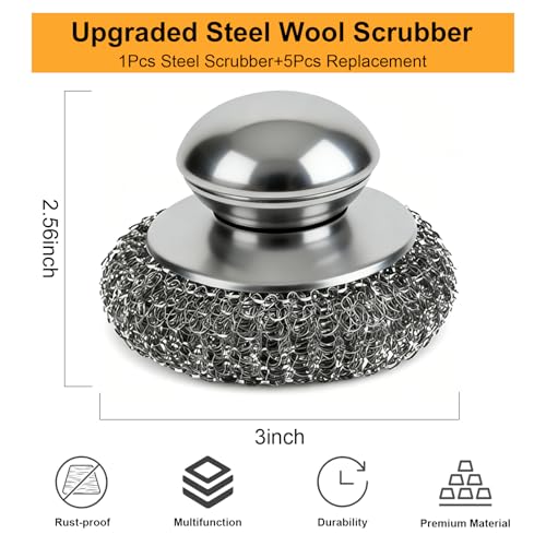 6pcs Stainless Steel Wool Scrubber Set with Replacement Pads