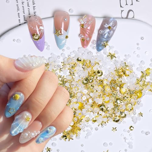 Sutaozhi 200Pcs Summer Starfish Nail Charms Gold Beach Pearl Rhinestones
