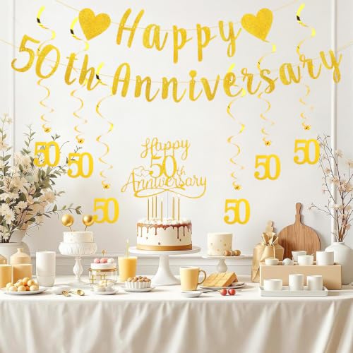 50th Wedding Anniversary Decoration Set - Glitter Gold Banner & Cake Topper