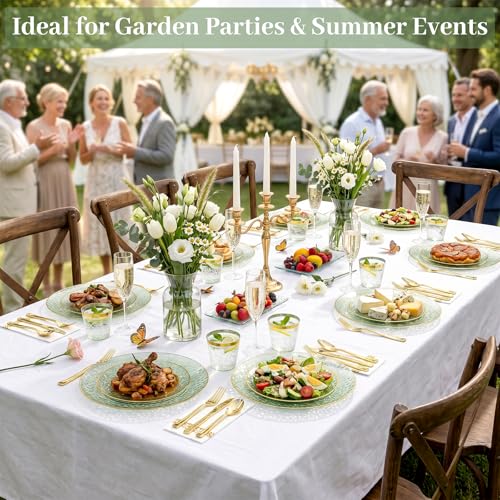 Sage Green Plastic Dinnerware Set for 25 Guests - 175 Pieces, Gold Rim & Hammer Pattern