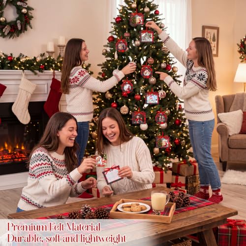 Red Felt Christmas Photo Frame Set with Plaid Design, 24 Pieces
