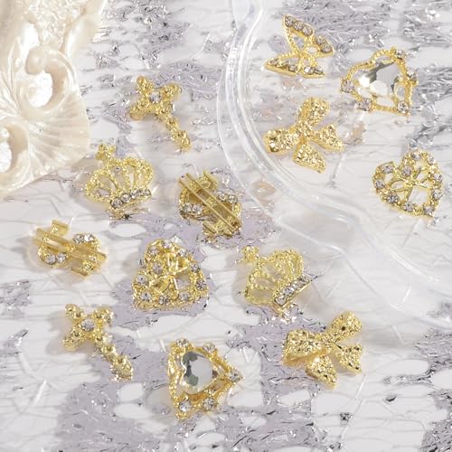 QIMYAR 36Pcs Mixed Shape Gold Nail Rhinestones K9 Glass Crystal Charms