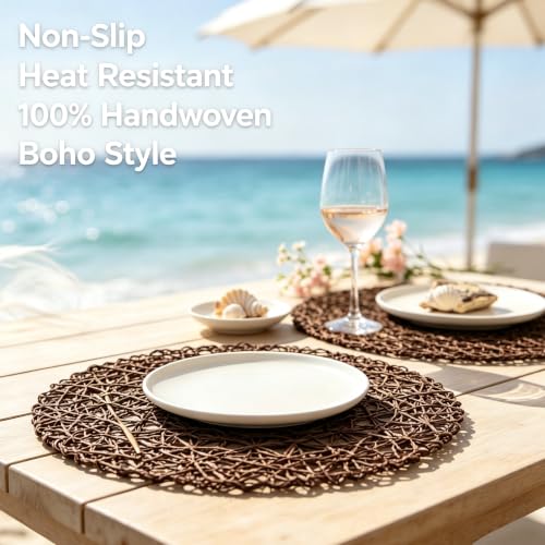 IcosaMro Set of 12 Round Brown Placemats - 13 Inch Woven Paper Table Decor