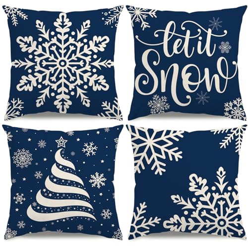 Blue Christmas Pillow Covers 18x18, Set of 4 Snowflake Holiday Decor
