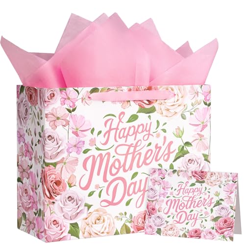 13" Floral Mother's Day Gift Bag with Card & Tissue Paper