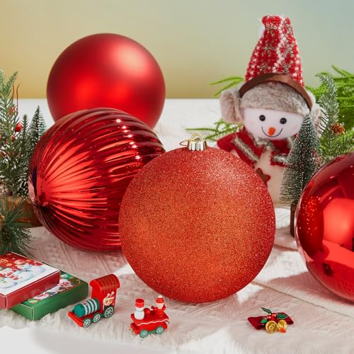 4 Pack 8-Inch Oversized Red Christmas Ball Ornaments - Large Plastic Holiday Tree Decor