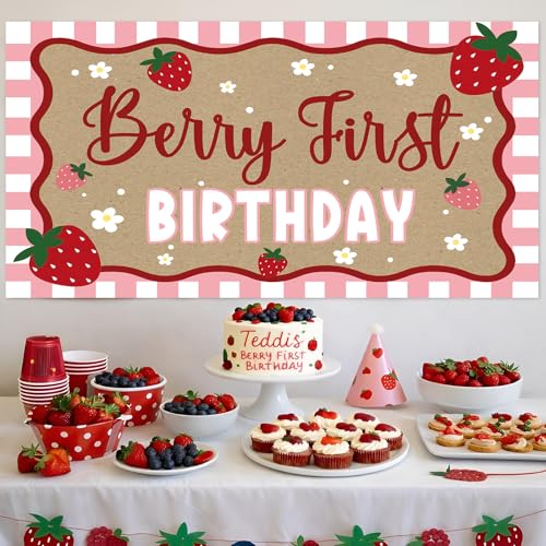 Strawberry Birthday Banner for First Birthday Party Decorations Girls Kids