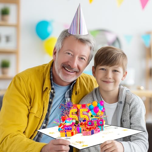 65th Birthday Pop Up Card - 3D Greeting Card with Balloons & Cake