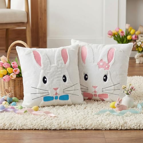 Easter Throw Pillow Covers 18x18 - Set of 2 Bunny Design