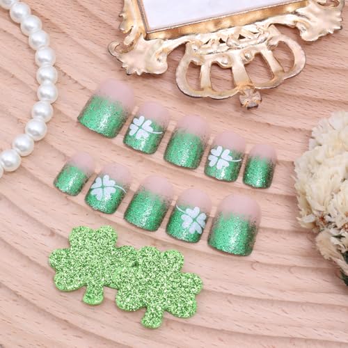 St. Patrick's Day Press On Nails Short Square Green Glitter French Tip False Nails