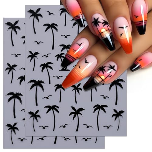 IDDFEVE Summer Palm Tree Nail Art Stickers - Sunset Coconut Tree Self-Adhesive Decals