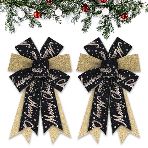 Black Glitter Christmas Wreath Bows Set - 2 Pack Gold Snowflake & Merry Pattern Decorations