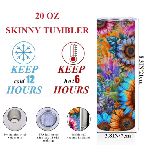 Sunflowers 20oz Stainless Steel Slim Insulated Travel Mug with Lid - Christmas & Birthday Gift for Women Bestie Coworker Variation of Sunflowers