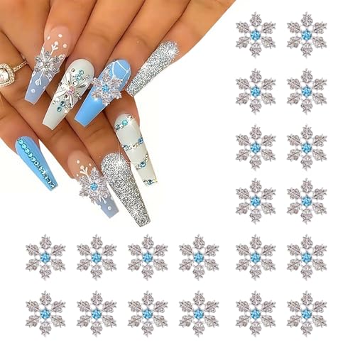 20 Pcs 3D Snowflake Nail Charms Silver Metal Blue Crystal Rhinestones