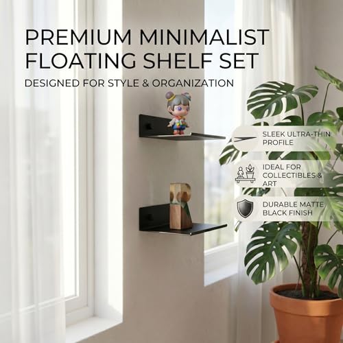 6 Inch Black Floating Shelf - Wall Mounted Metal Display Shelf