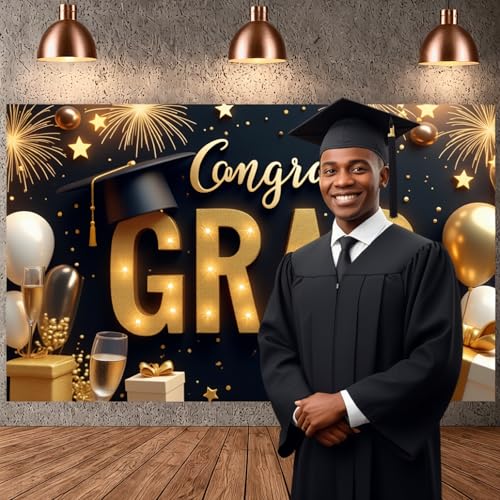 Congrats Grad Banner - Black Gold Graduation Party Decoration 2026