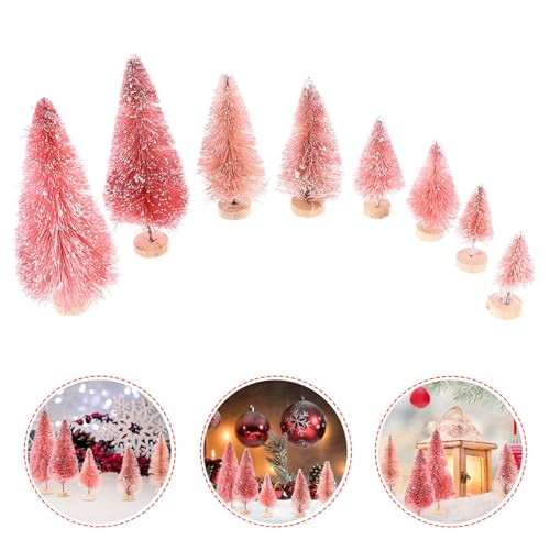Mini Christmas Tree Set - 8 Pink Bottle Brush Trees with Snow & Wooden Base