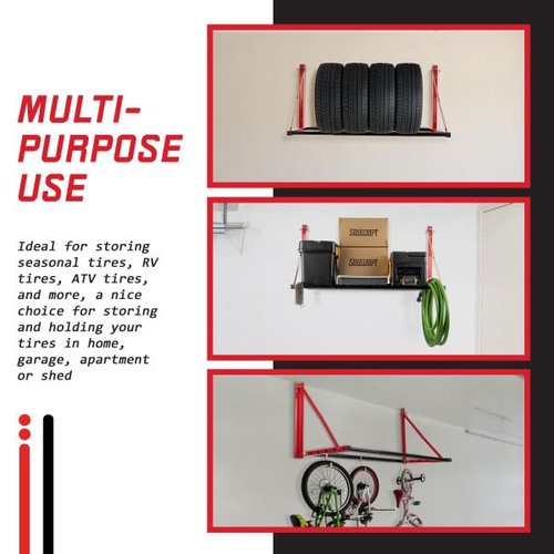 Tire Rack - 32 to 50in Adjustable Tire Storage Rack - Wall Mounted Garage Shelving for Seasonal Tires - 300lb Capacity - Car Accessories by Stalwart