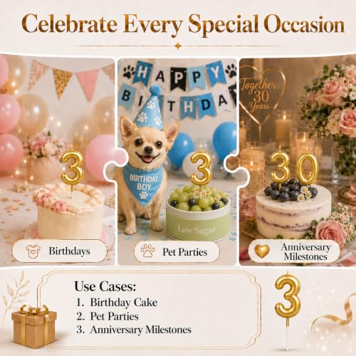 CARGEN Gold 3D Birthday Number Candle for Mini Cakes | Chubby Design
