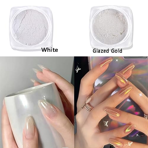 Furimuk Pearl Chrome Nail Powder Kit - 2 Boxes White & Glazed Gold Aurora Glitter Dust