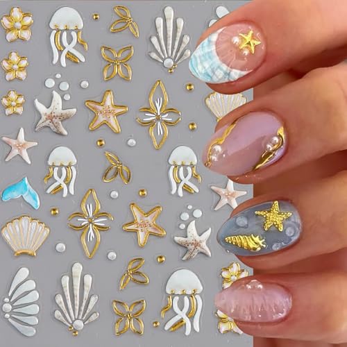 5D Embossed Summer Nail Art Stickers Gold Shell Starfish Beach Decals