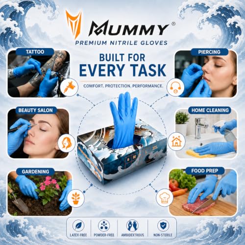 Mummy Blue Textured Nitrile Gloves 4 Mil S-100 Disposable Powder-Free for Tattoo, Beauty, Home, Gardening