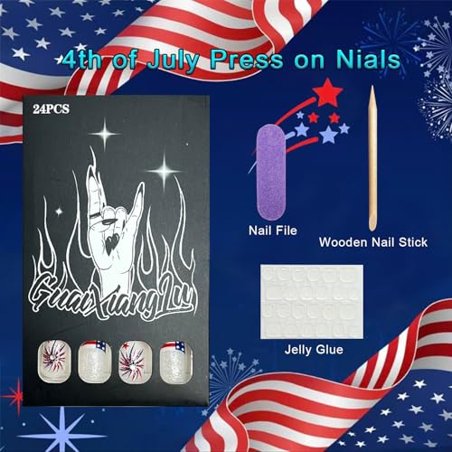 4th of July Press on Nails Medium Square Patriotic False Nails with Firework Rhinestones