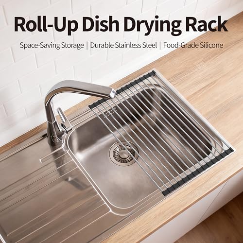 TYZUIAW Roll-Up Dish Drying Rack, 17.5"x11.8" Foldable Stainless Steel Drainer