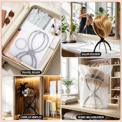 Portable Foldable Wig Stand with Dust Bag 13.8 Inch Black