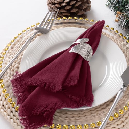 Burgundy Cotton Linen Reusable Christmas Cloth Napkins Set of 12 - 17x17 Inches