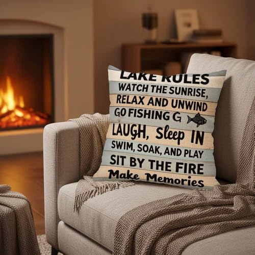 SSOIU Retro Wood Grain Throw Pillow Cover 18x18 Inches - Lake Rules Design