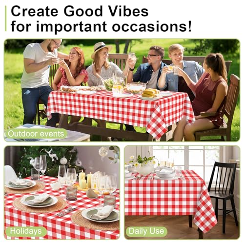 Red Gingham Plastic Tablecloth 3 Pack - Picnic & Party Cover, 54x108 Inches