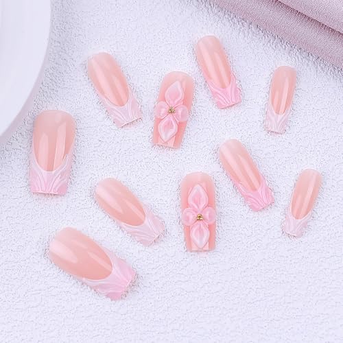 PSBRBAD Long Square French Press on Nails with 3D Flower and Pearl