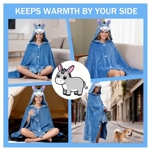 Blue Donkey Wearable Hoodie Blanket for Adults - Flannel Comfort
