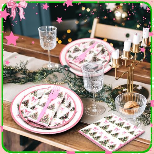 Christmas Pink Bow Paper Plate & Napkin Set - 96 Pcs, Coquette Style