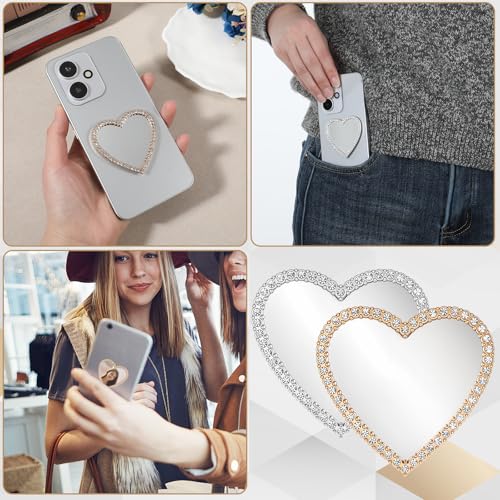 Larrel Heart Shape Phone Mirror 2 Pcs Self-Adhesive Rhinestone Bling Mobile Phone Case Makeup Mirror