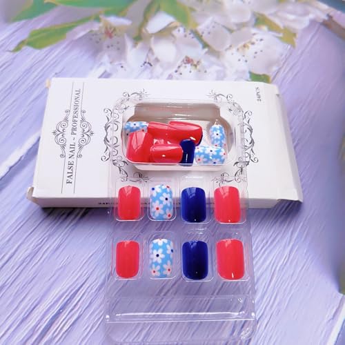 ZIFANHU Short Square Press On Nails Glossy Red Blue Floral Fake Nails