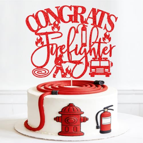 2026 Firefighter Graduation Cake Topper - Red Glitter Decor