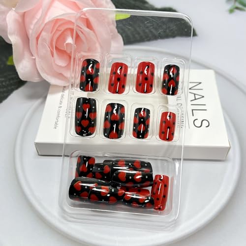 Valentine's Day Press On Nails Medium Square Red Heart Fake Nails 24 Pcs