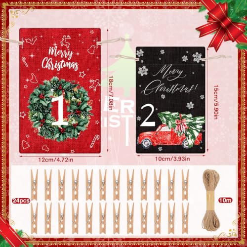 24 Pcs Reusable Christmas Advent Calendar Number Bags with Rope & Clips - Classic
