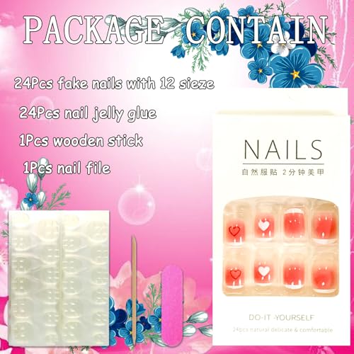 Onsdag Pink Short Coffin Press On Nails with Heart Designs - 24Pcs Glossy Acrylic False Nails Set