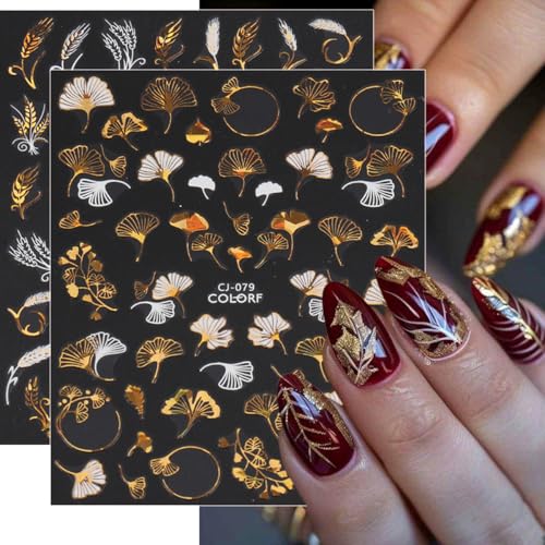 KRTBKR 9 Sheets Fall Metallic Nail Art Stickers 3D Self-Adhesive Maple Leaf