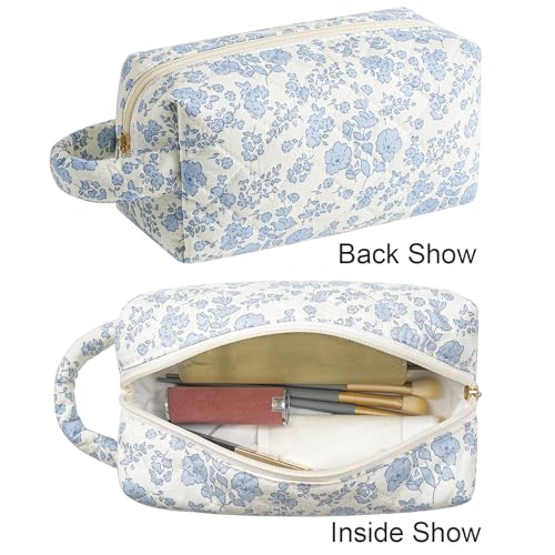 JOVAKIT Alphabet Floral Makeup Bag with Handle - Blue Floral A Toiletry Organizer