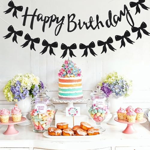 Black Bow Birthday Banner & Garland - Elegant Party Decorations
