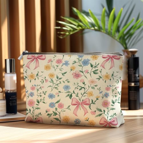 Coquette Floral Makeup Bag Pastel Pink Bow Cosmetic Pouch