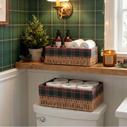 2 Pcs Christmas Toilet Paper Storage Baskets - Green Buffalo Plaid, Scottish Tartan