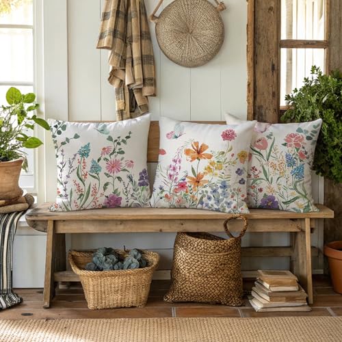 Spring Farmhouse Throw Pillow Covers 18x18, Set of 4 (Spring 02)