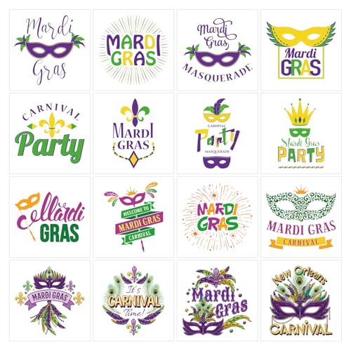 Mardi Gras Temporary Tattoos 16 Sheets Waterproof Festival Party Favors