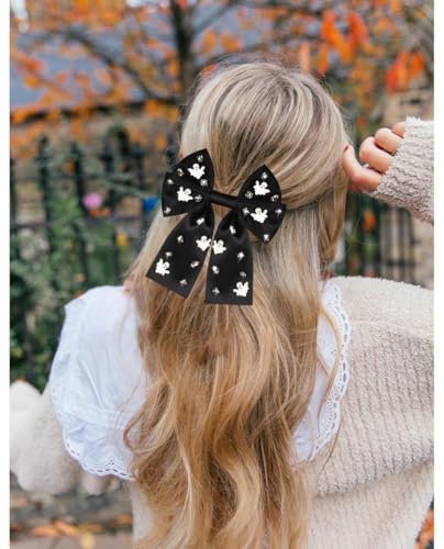 NVENF Large Halloween Hair Bows Rhinestone Spooky Ghost Black Ribbons