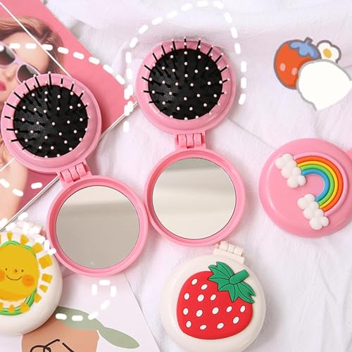 Strawberry Folding Travel Hair Brush with Built-In Mirror and Massage Bristles